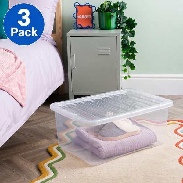 Wham - Crystal Clear Rectangular 45L Medium Plastic Stackable Storage box with Lid (3 Pack)