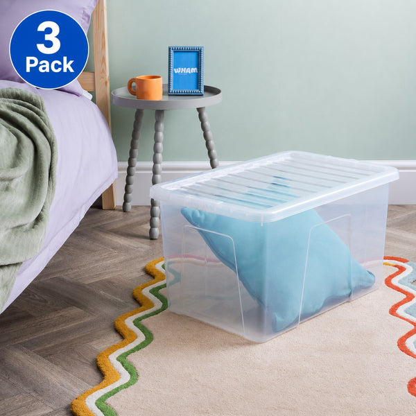 Wham - Crystal Clear Rectangular 60L Large Plastic Stackable Storage box with Lid - (3 Pack)