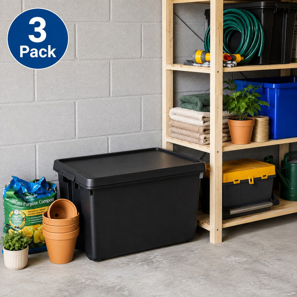 Wham - Heavy duty Black 62L Large Plastic Stackable Storage box with Lid (3 Pack)